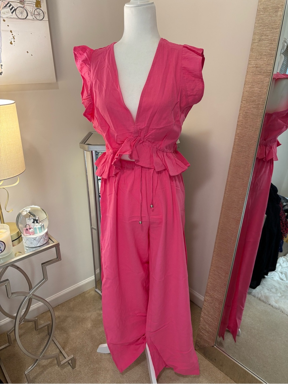 Pink Ruffle Sleeve Two Piece Set